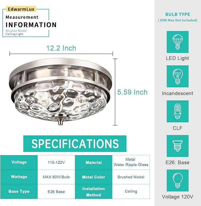 Flush Mount Ceiling Lights, 2-Light Farmhouse Close to Ceiling Light, Industrial Ceiling Lighting Fixture for Kitchen Hallway Bedroom Living Room Stairways Porch (Brushed Nickel)
