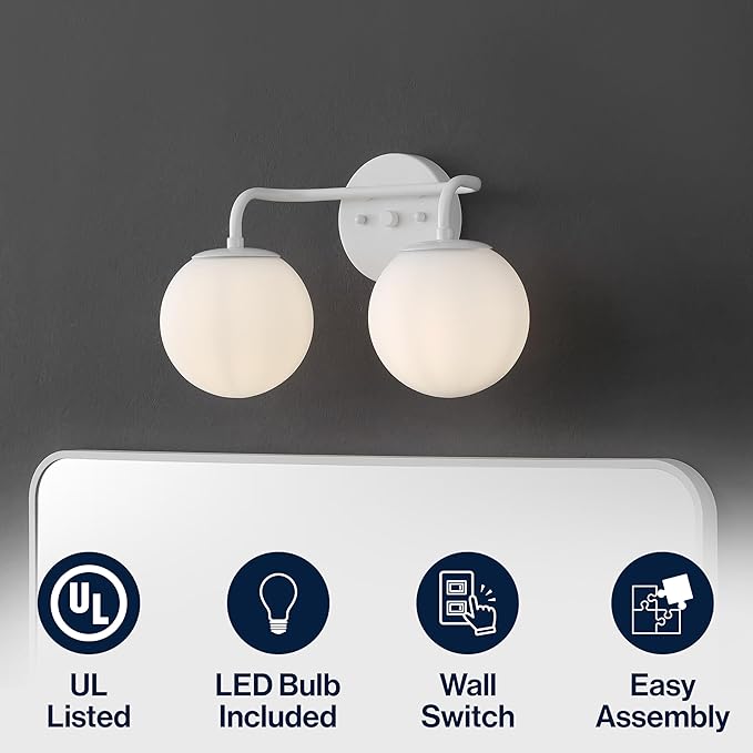 JONATHAN Y 15" White Modern Globe Wall Sconce Vanity Light for Bathroom, White Frosted Glass Shade, Midcentury Parisian Bistro Wall Lamp, LED Bulb Included (JYL3535D)