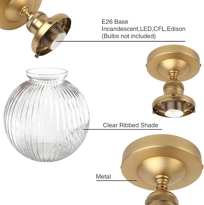 PERMO Simi Flush Mount Ceiling Light with Globe Ribbed Glass Lampshade 1- Light Flush Mount Ceiling Light for Hallway, Brass Finish (Antique Gold)