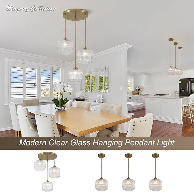 3 Light Hanging Pendant Light Fixture Brushed Gold Modern Pendant Cluster Lights Kitchen Island Industrial Adjustable Hanging Dining Room Lighting Clear Glass Cluster Chandeliers MPL30-3C