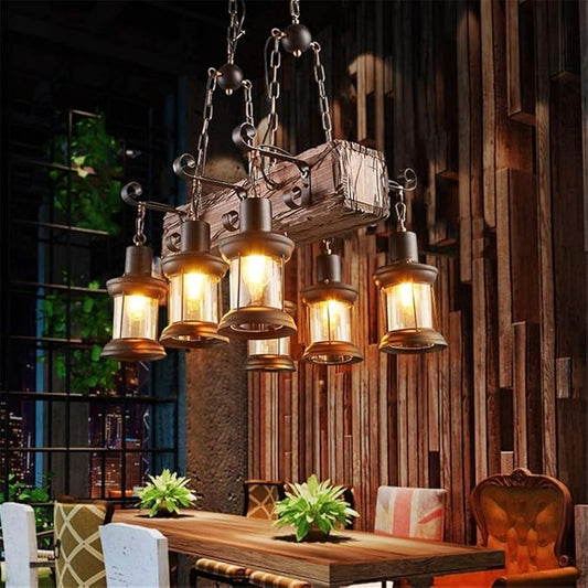 Farmhouse Lighting Industrial Rustic Wood Beam Linear Island Pendant Light Chandelier Lighting Hanging Ceiling Fixture 6-Light