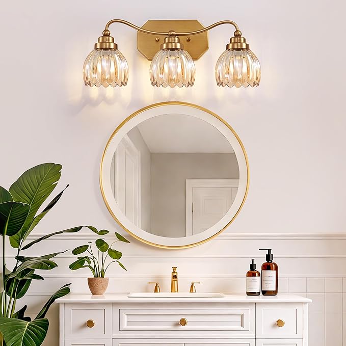 Vintage Bathroom Light Fixtures, 3 Light Gold Bathroom Vanity Light, Matte Antique Brass Finish with Amber Crystal Glass Shade, Wall Sconces Lighting for Bedroom, Living Room（Amber-colored Glass）