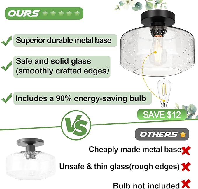 Lynnoland Industrial Semi Flush Mount Ceiling Light (X-Large), Seeded Glass Shade Ceiling Light Fixture, Black Light Fixture for Hallway Bathroom Bedroom, Vintage Hanging Light Fixtures
