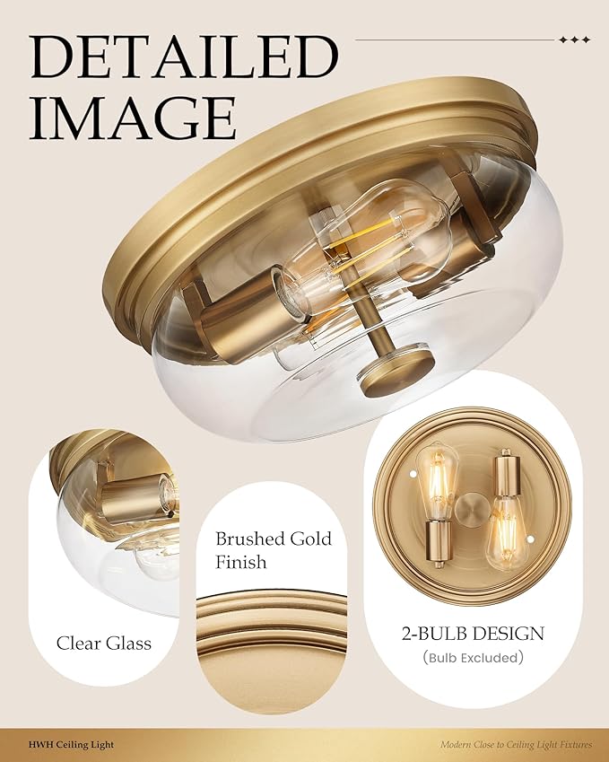 Flush Mount Ceiling Light Fixture, HWH 2-Light Ceiling Light Fixture with Clear Glass, 12 Inch Light Fixtures Ceiling Mount for Kitchen, Bedroom, Bathroom, 5HJX109F BG