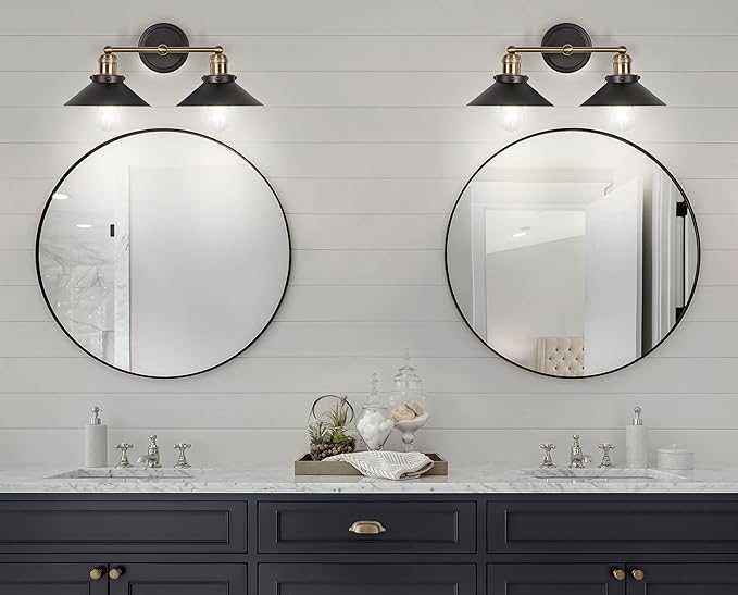 JONATHAN Y 17.5" Oil Rubbed Bronze/Brass Gold 2-Light Industrial Farmhouse Metal Vanity Light Wall Sconce, Metal Shade for Bathroom Mirror, Kitchen, Entryway, LED Bulb Included (JYL7427C)