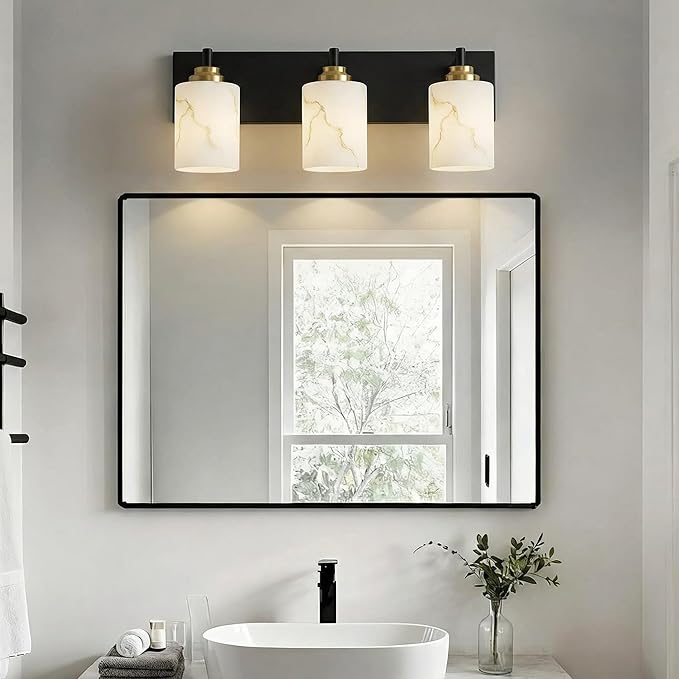 3-Light Bathroom Light Fixture, Black and Gold Modern Vanity Light with White Marble Glass Shade, for Bathroom Mirror, Living Room, Bedroom, Hallway, E26 Base, Extended Base
