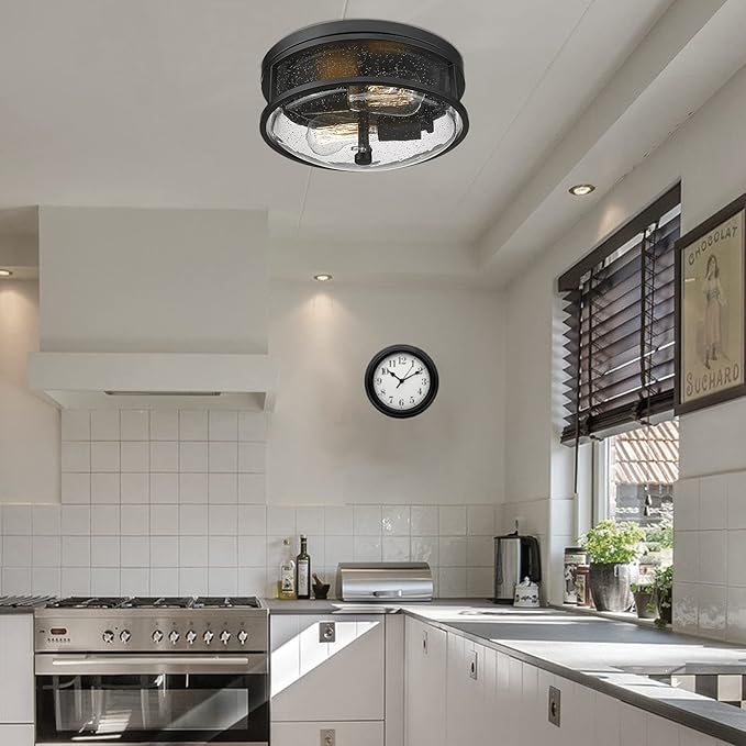 Flush Mount Ceiling Light Fixture, 12 Inch 2-Light Modern Farmhouse Semi Ceiling Light with Seeded Glass for Bedroom, Entryway, Kitchen, Hallway, ROS88 BK