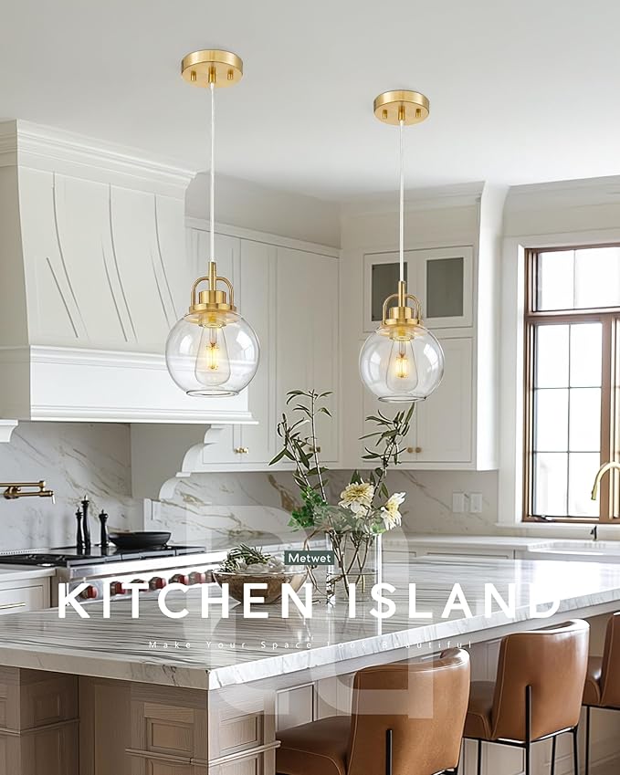 2 Pack Pendant Lights Kitchen Island, 7" Brushed Gold Pendant Light Fixtures Over Island with Globe Clear Glass Shade, Brass Hanging Lights for Dining Room Entryway, PL125-BG-2PK