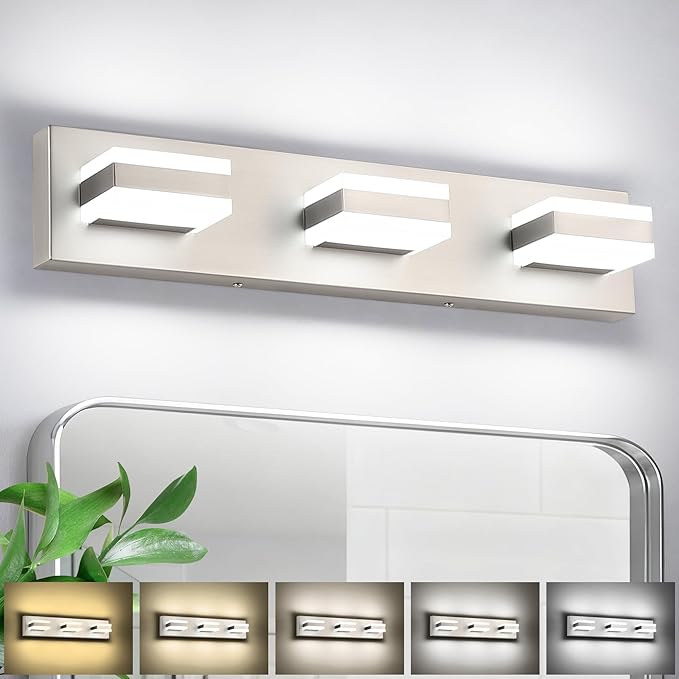 SOLFART Vanity Lighting Over Mirror, 3 Lights Brushed Nickel Bathroom Light, Modern LED Light Fixtures, 5 Color Temperature Adjustable Modern Light for Bathroom