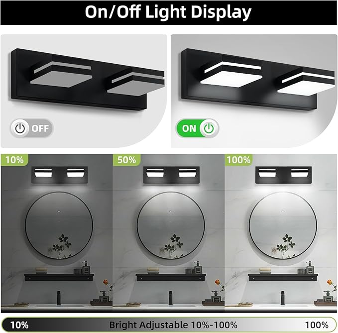 OKELI 2 Light Bathroom Vanity Light Matte Black Modern 16W LED Dimmable Vanity Light Over Mirror 350° Adjustable Lamp Head Cold White 6000K ETL Listed 15.5Inch