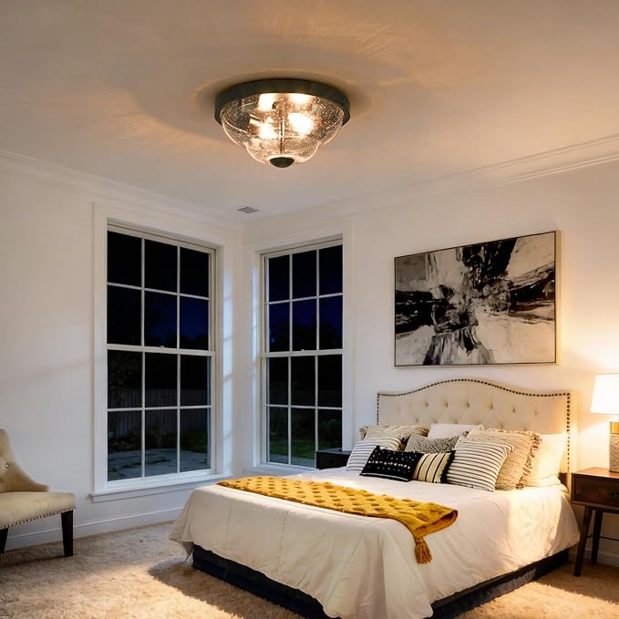 Flush Mount Ceiling Light Fixtures, 2-Light Ceiling Mount for Farmhouse with Seeded Glass Lampshade, Industrial Flush Mount Light Fixture Farmhouse for Hallway, Kitchen, Entryway,Bedroom