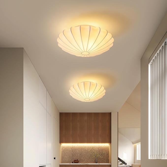 ziidoo 2-Light Semi Flush Mount Ceiling Light,15.7in White Imitation Silk Wabi Sabi Round Lantern 3000K Modern Close to Ceiling Light fixtures for Bedroom Living Room Entryway Hallway