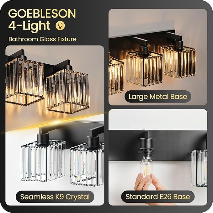 Modern Crystal Vanity Light, 4-Light Bathroom Light Fixture, 30.7"Square Vanity Lighting Fixture, E26 Base, Bulbs Not Included, for Bathroom,Vanity Light Over Mirror, Hallway,Black B11BD05W1