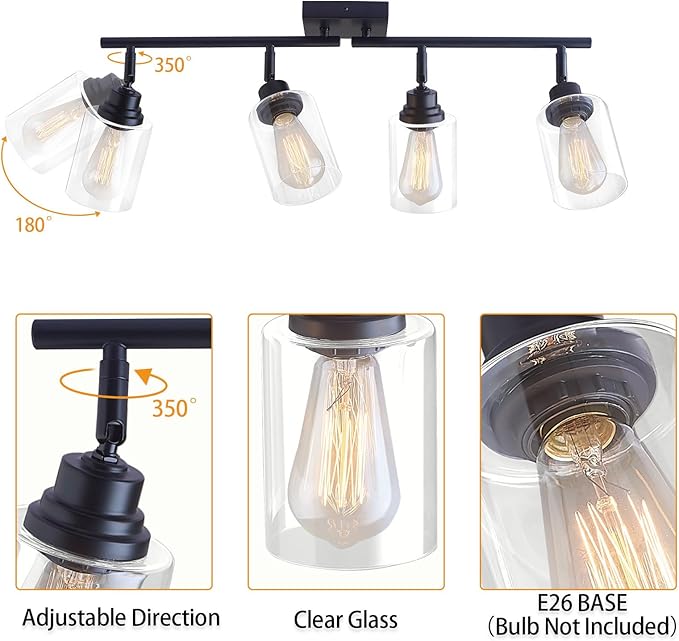 Modern 4-Light Track Lighting Fixtures Ceiling with Clear Glass Shades, E26 Base Kitchen Ceiling Light Fixture for Living Room, Bedroom & Bathroom