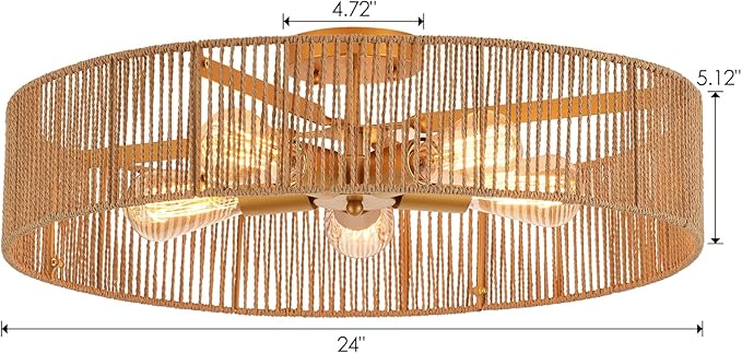 24" Natural Rattan Flush Mount Ceiling Light Fixture Antique Brass Brush Paint Finish Boho Chandelier for Porch Patio Hallway Bedroom Living Room Kitchen Island 5-Light