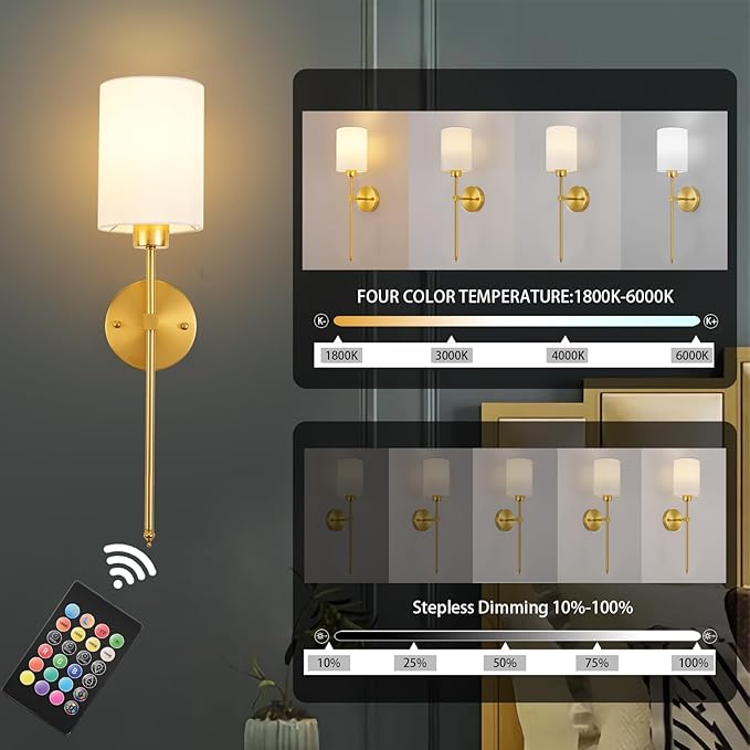 Battery Operated Wall Sconce Set of Two,Wireless Rechargeable Wall Light With Remote Control, Dimmable, 1800K/3000K/4000K/6000K/RGB, Timer, for Living Room, Bedroom, Fireplace, TV, 26.8 Inch, Gold