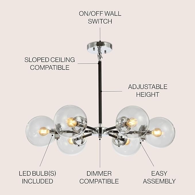 JONATHAN Y 28" Chrome/Black Modern 6-Light Cluster Pendant Chandelier, Clear Glass Shade Hanging Fixture for Kitchen Island Dining Room, LED Bulbs Included, Dimmable (JYL9059A)