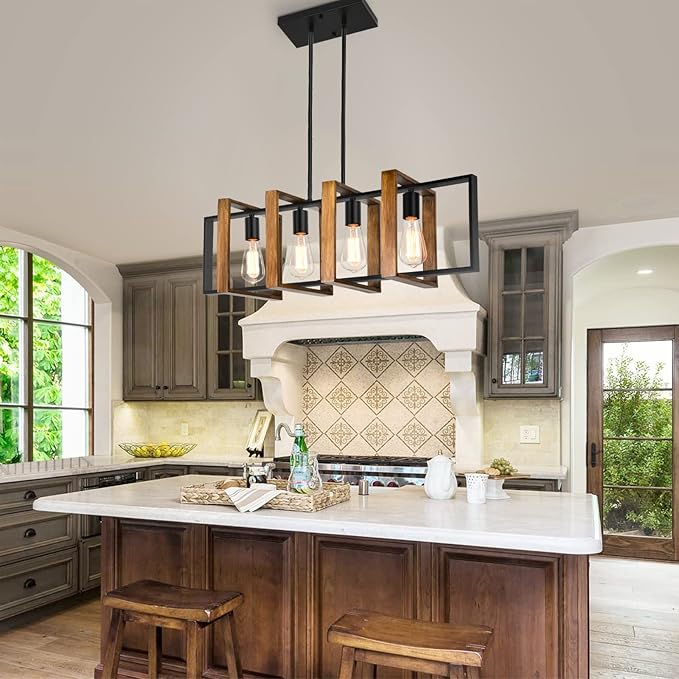 Antique Wood Chandelier Island Lights for Kitchen, 31.5" Pendant Lights Kitchen Island Lighting, 4-Light Rectangular Wood Black Rustic Farmhouse Chandeliers for Dining Room Light Fixtures Over Table