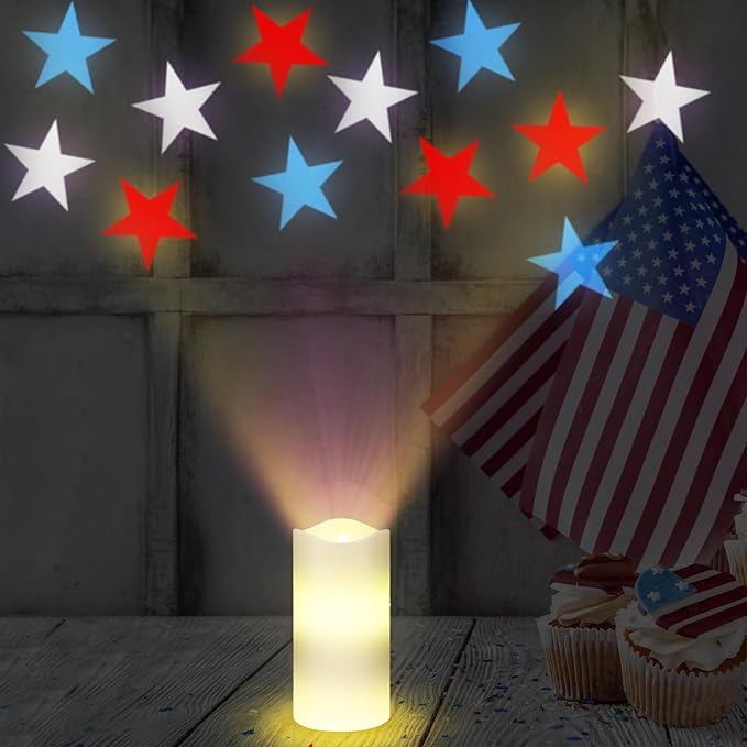 4th of July Flameless Candles Patriotic Projector Lights Red White Blue LED Candle Star Battery Operated Night Light with Remote Timer 250th Anniversary Independence Day Party Indoor Bedroom Decor