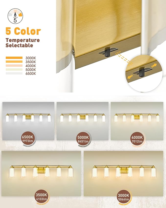 Bathroom Vanity Light Fixtures 6 Light, HWH Brushed Gold Vanity Light Over Mirror, Brass Wall Vanity Lights, 36W 5CCT LED Dimmable Bathroom Light, 5HLT63B-6W-LED BG