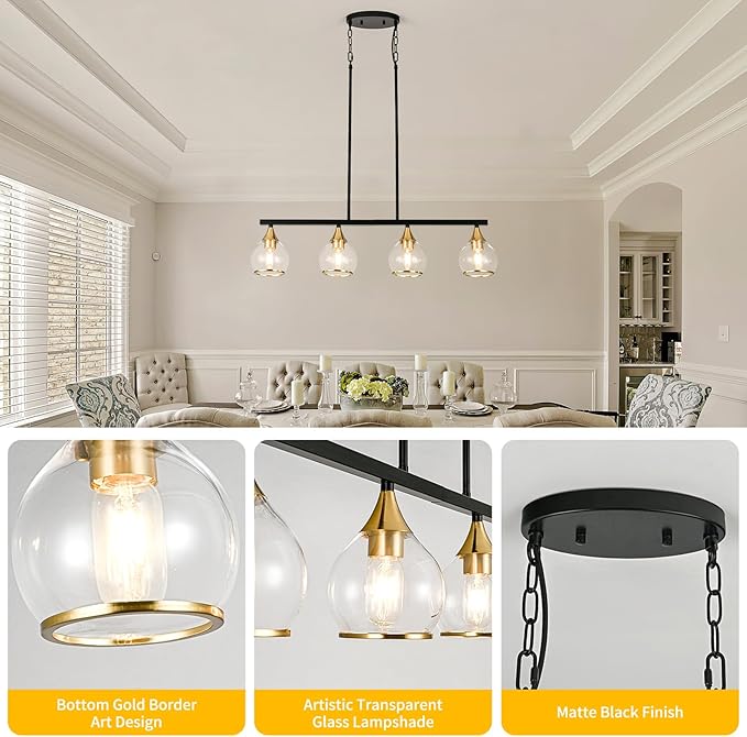 Island Light for Kitchen, 4-Light Kitchen Island Chandeliers Black and Gold Linear Hanging Pendant Light, Matte Black Farmhouse Dining Room Light Fixture Over Table with Clear Round Glass Shades