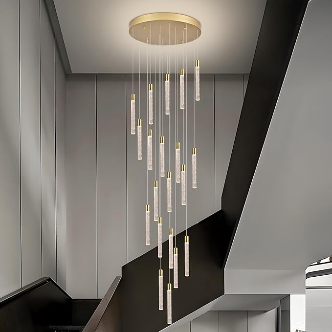 20-Light Gold High Ceiling Chandeliers Modern Crystal Chandeliers for Entryway Long Spiral LED Dimmable Chandelier Flush Mount Ceiling Staircase Foyer Living Room Ceilings Light Fixture