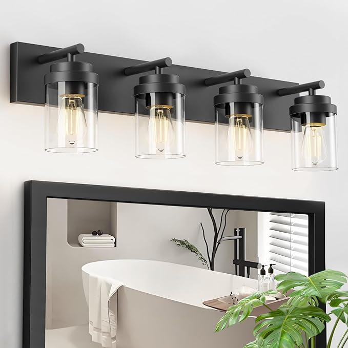 IZORRO Bathroom Vanity Light Fixture, 4-Light 30 Inch Matte Black Bathroom Light Fixtures Over Mirror, with Clear Glass Shade, Modern Farmhouse Vanity Lights, Rustic Restroom Lighting Fixtures