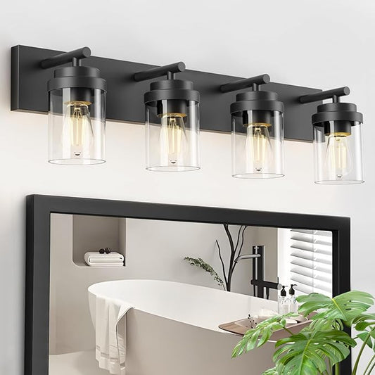 IZORRO Bathroom Vanity Light Fixture, 4-Light 30 Inch Matte Black Bathroom Light Fixtures Over Mirror, with Clear Glass Shade, Modern Farmhouse Vanity Lights, Rustic Restroom Lighting Fixtures