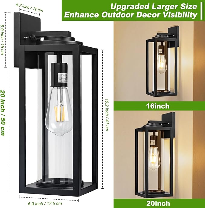 FILIYANO 20inch Large Outdoor Wall Lights - 2 Packs Modern Black Exterior Light Fixture with Clear Glass Shade, Waterproof Porch Lighting for House, Farmhouse Sconces Lantern for Front Door, Garage