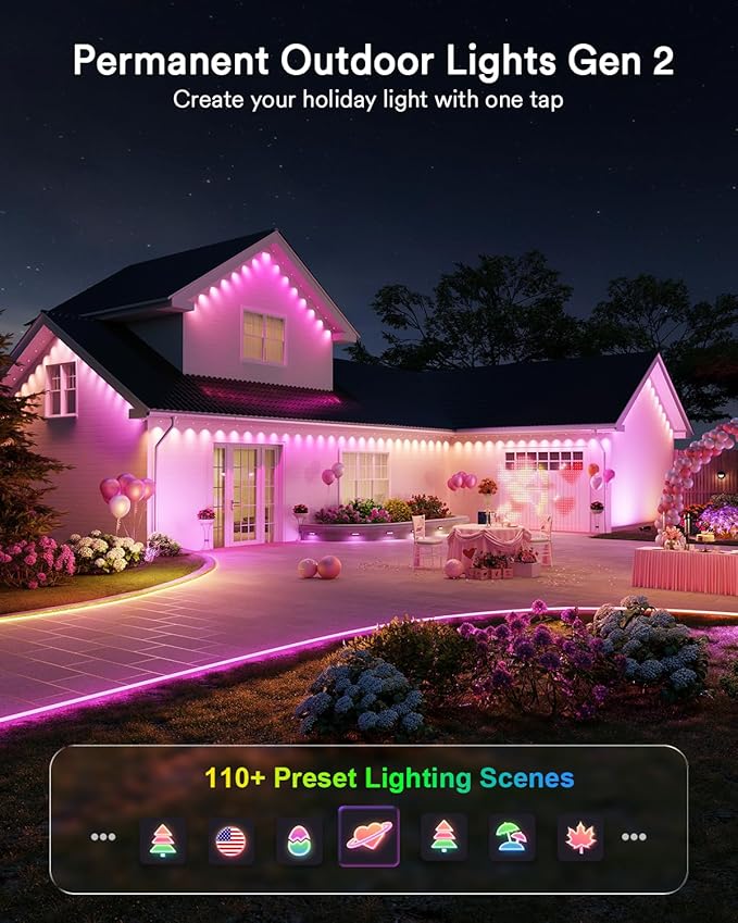 Lumary Permanent Outdoor Lights 2 with Remote, Slide-Base, 100ft with 60 RGBAICW LEDs for House Daily & Accent Lighting, 110+ Scene Modes for Christmas Outdoor Decor, Work with Alexa Google, White