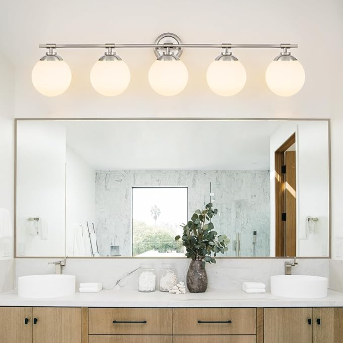 Rayogale Sand Nickel Bathroom Light Fixtures, ETL 5 Lights Vanity Lights Over Mirror with Milk Glass Soft Lighting 41 Inch Bathroom Sconces(Exclude E26 Bulb)