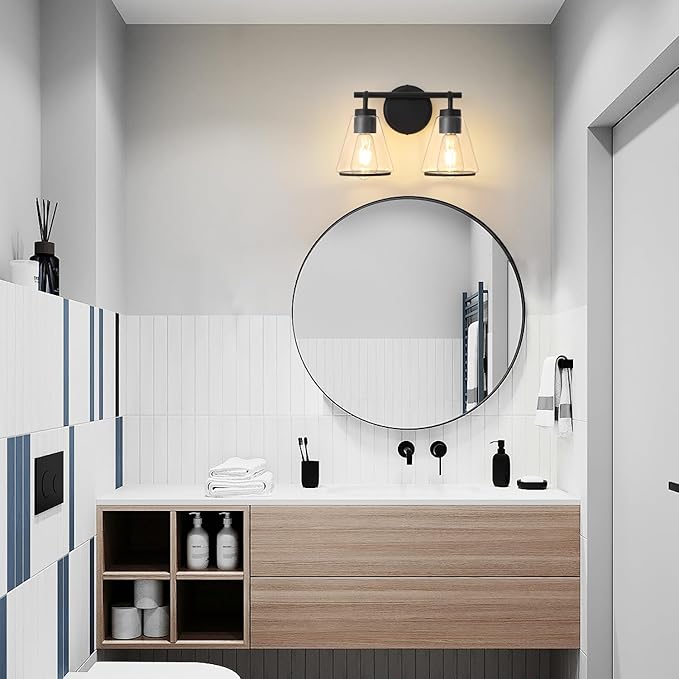 Black Bathroom Vanity Light 2 Lights Bathroom Light Fixtures Over Mirror Vanity Lighting Fixtures with Clear Glass Shade 14 inch Modern Vanity Lights for Bathroom Wall Sconce Lights for Bedroom