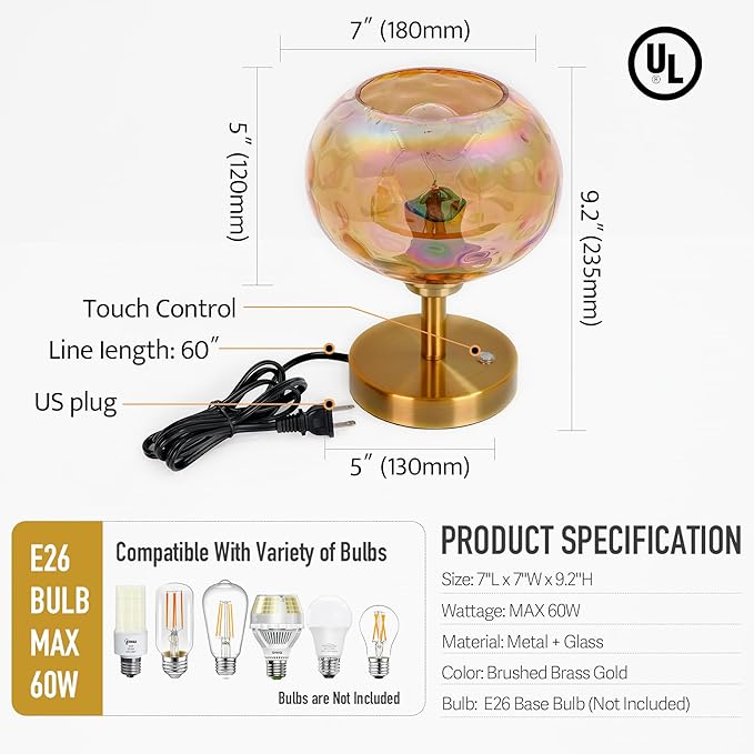 Touch Control Hammered Glass Table Lamp Brass Gold Portable Dimmable Brightness Small Nightstand Light 3-Way Stepless Dimming Bedside Bedroom Living Room (Colorful Amber Glass & Gold)