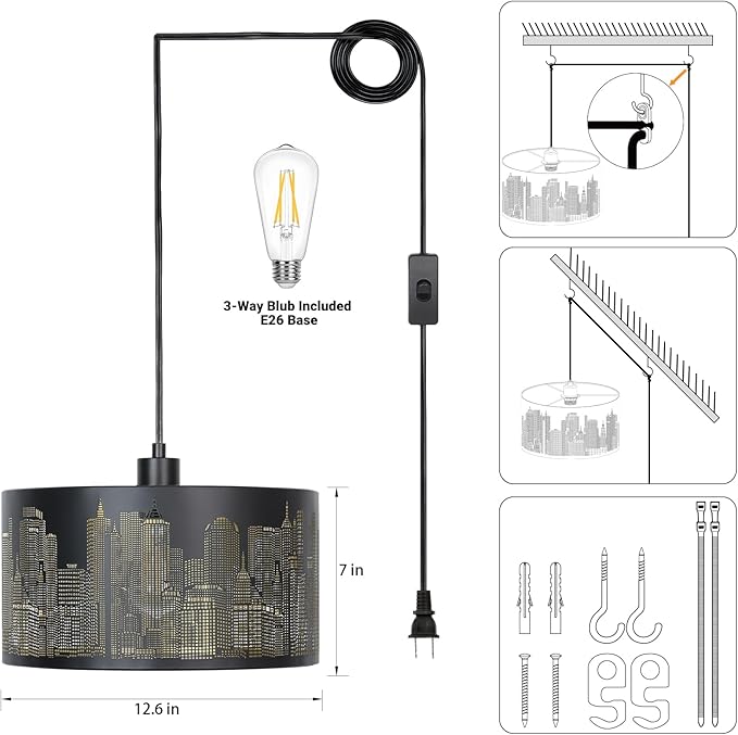 Qingmiao Plug in Pendant Light, Hanging Lamp Plug in with Metal Shade, 3-Way Dimmable Hanging Light Fixture for Living Room Bedroom Kitchen Ceiling Farmhouse Home Decor
