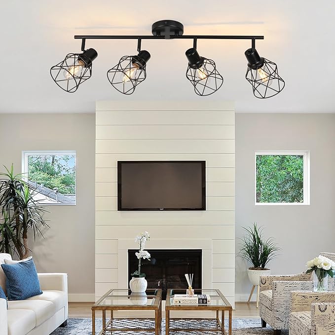WILON Track Lighting Fixtures Ceiling 4-Light Flush Mount Ceiling Spot Lights, Industrial Track Light Black Kitchen Light Fixtures Rotatable Spotlight for Kitchen Hallway Living Room (E26 Base)
