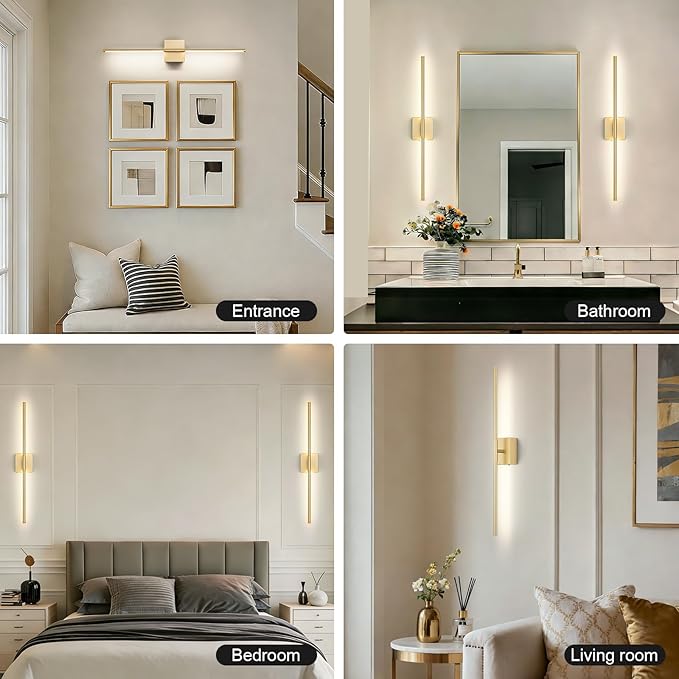 Battery Operated Wall Sconce, 5CCT Dimmable Gold Wall Lights with Remote Control, Timable LED Wireless Wall Sconces, 350° Ratate for Bathroom, Living Room, Hallway 29.1 Inch 1 Pack