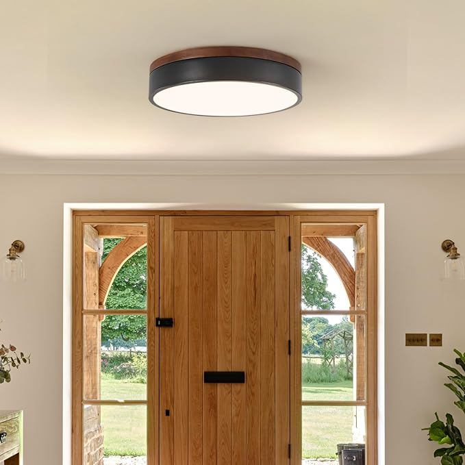 Led Flush Mount Ceiling Light: 11.8" Modern Dimmable Black Walnut Wood Low Profile Farmhouse Close to Ceiling Light Fixture - Round Minimalist Simple Flat Overhead Lighting for Bedroom Laundry Kitchen