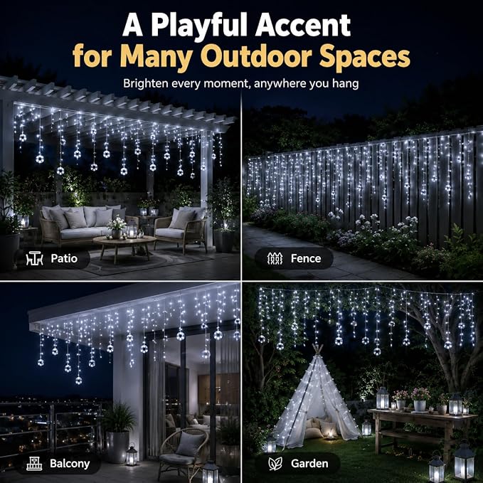 Solar Soccer String Lights, 11.5FT Soccer Ball Curtain Lights with 96 LEDs & 24 Hanging Strands, 8 Modes Timer Outdoor Soccer Party Decorations for Patio Game Day Fan Room