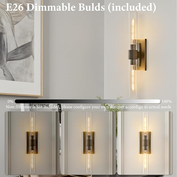 Linear Brass Bathroom Wall Sconce - Luxury Antique Brushed Sconces - Modern Gold Lighting with Clear Glass Tube - Dimmable Vanity Lights Fixture for Bedroom Living Room Hallway Indoor Decor