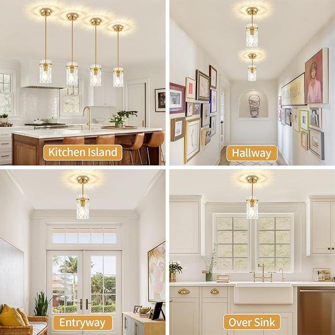 3 Pack Brushed Gold Pendant Lights Kitchen Island, Hammered Glass Kitchen Pendant Lighting Over Island Adjustable Hanging Bathroom Light Fixtures Modern Pendant Light for Dining Room Hallway Foyer