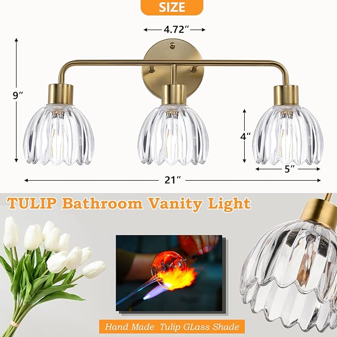 3-Light Gold Brass Bathroom Light Fixture with Clear Tulip Glass Shade,Wall Sconces,Vintage Vanlity Light Over Mirror,Bathroom Wall Light,E26 Socket(Bulbs Not Included)