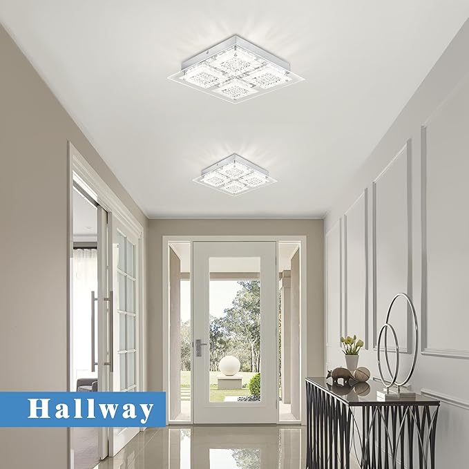 Crystal Ceiling Light LED Square Hallway Light Fixture Dimmable Flush Mount Ceiling Lights 14 Inch 4000K Bathroom Ceiling Lighting Foyer Chrome Kitchen Living Room Light