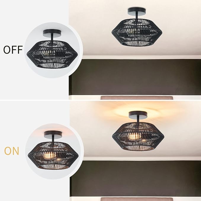 2-Lights Woven Rattan Ceiling Light Fixture, Black Farmhouse Hand-Woven Cage Semi Flush Mount Ceiling Light, Small Boho Coastal Basket Close to Ceiling Light for Bedroom Hallway Nursery Entryway