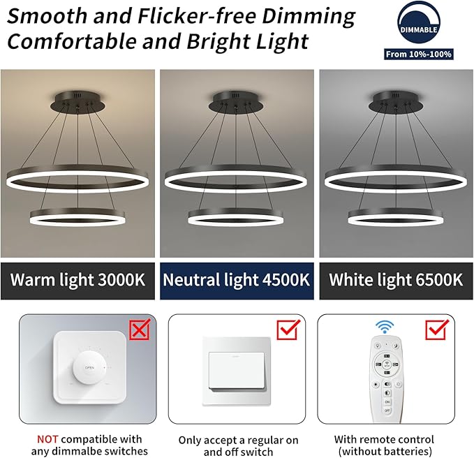 2 Ring Dimmable LED Modern Chandelier, Adjustable Hanging Foyer Pendant Light for Kitchen Island, Living Room, Entryway, 3000K-6500K Black Ceiling Pendant Light Fixture Over Dining Table Lighting