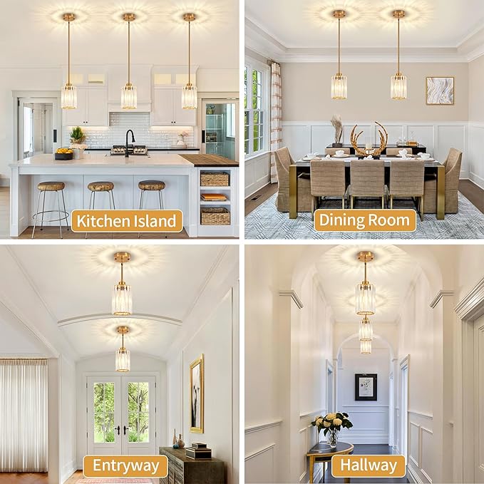 3 Pack Brushed Gold Pendant Lights Kitchen Island, Modern Crystal Kitchen Pendant Lighting Over Island Dining Room Light Fixtures Adjustable Hanging Pendant Light for Bathroom Hallway Foyer Bedroom