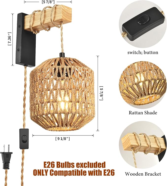 Boho Plug in Wall Sconces Set of Two,Vintage sconces wall Lighting for Bedroom Living Room Farmhouse Rattan Shade -Black
