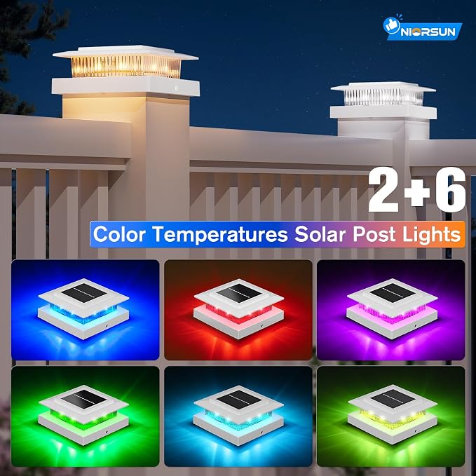 NIORSUN Solar Post Cap Lights Outdoor Waterproof, 4x4 Post Solar Lights RGB Color Changing, Fence Posts Solars Light for Deck Patio Garden Deco, 4x4 Posts Caps Wood Vinyl, 5x5 Vinyl, 24 Pack (White)
