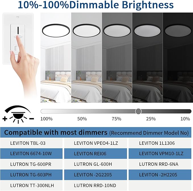 24 Inch Flush Mount Ceiling Light, Dimmable 3000K/4500K/6000K Selectable, 48W 4800LM, Modern, Ultra Thin, Black, for Bedroom, Kitchen, Dining Room, Living Room, Home Office, Hallway