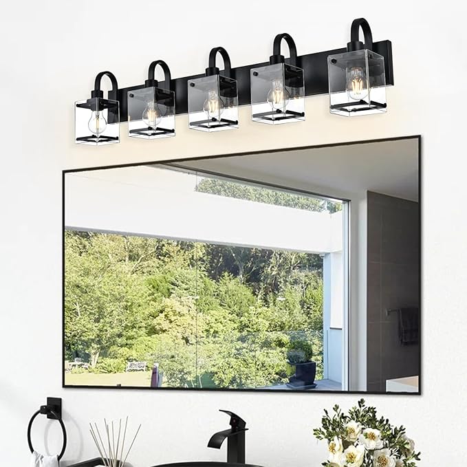 5 Light Vanity Light Bathroom Lighting Fixtures,Black Cage Vintage Wall Sconces Lighting,40.2 Inch Bath Wall Mounted Lights with Clear Glass Shade Bathroom Vanity Light for Living Room