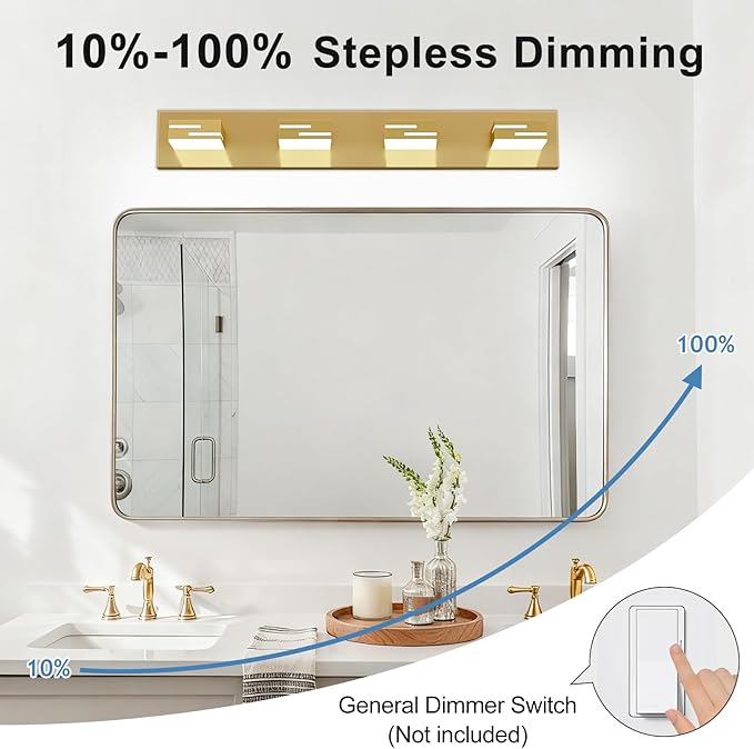 LED Modern Bathroom Vanity Light Fixtures, 4-Light 28-inch Dimmable Gold Vanity Lights for Bathroom Lighting Fixtures Over Mirror, with 360° Rotatable Heads (Cool White 6000K)